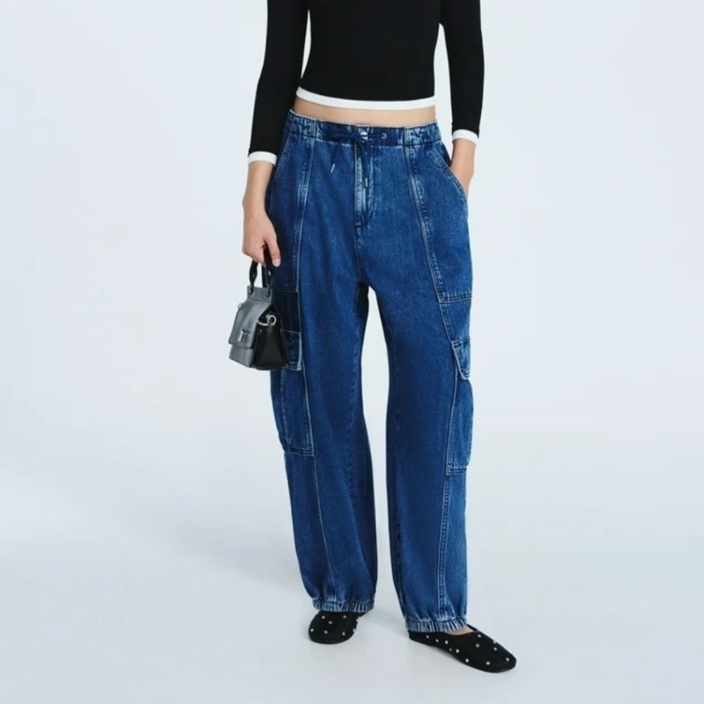 Scoop Womens Blue Denim Cargo Jogger Pants High Rise Drawstring Size L 12-14
